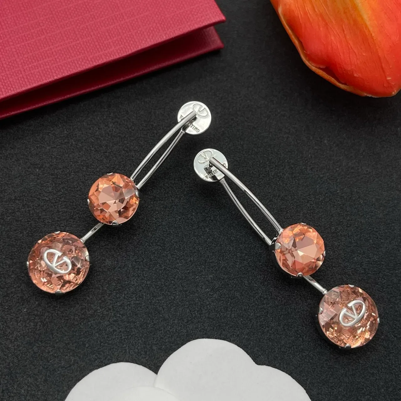 Valentino VLogo Brincos de Cristal Facetado Gota Dupla Pedra Rosa Prata 7