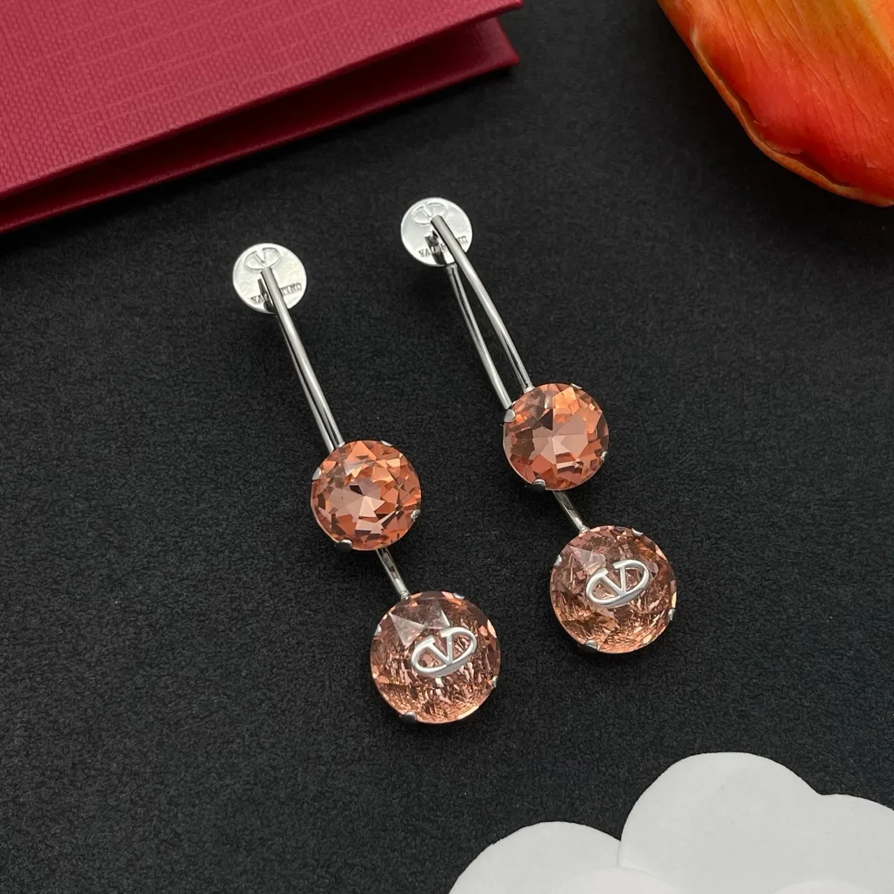Valentino VLogo Brincos de Cristal Facetado Gota Dupla Pedra Rosa Prata 8