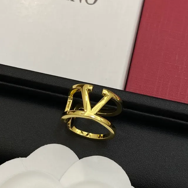 Valentino VLTN Silver Gold Open Double-Band Interlocking V Logo Ring 2