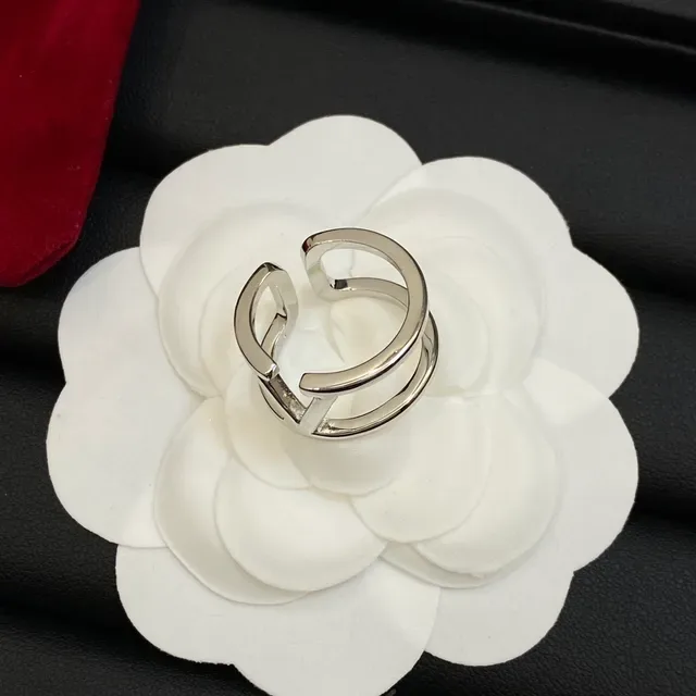 Valentino VLTN Silver Gold Open Double-Band Interlocking V Logo Ring 4