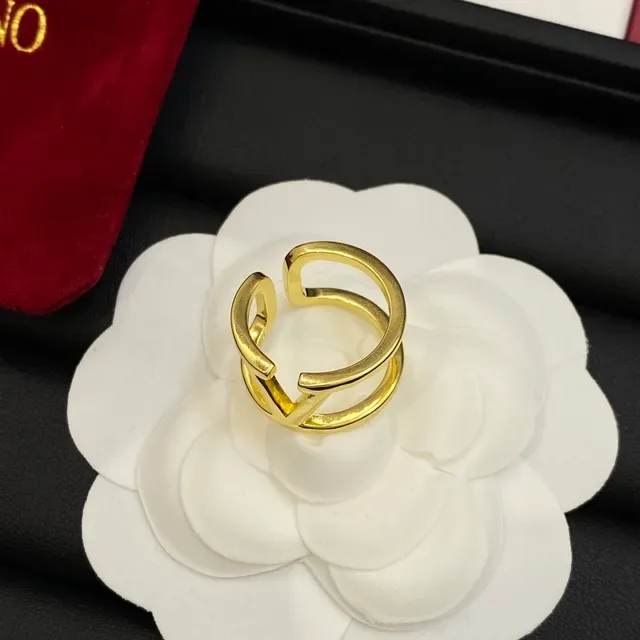Valentino VLTN Silver Gold Open Double-Band Interlocking V Logo Ring 5