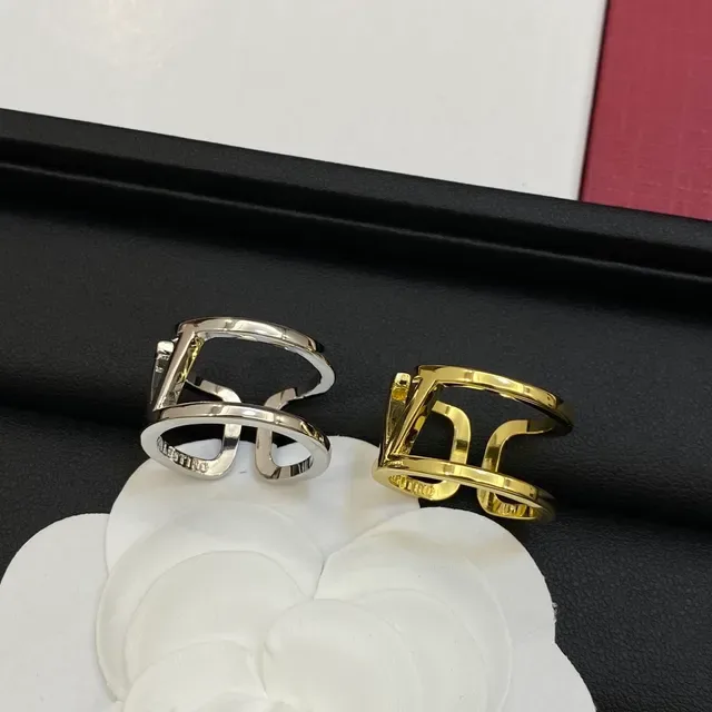 Valentino VLTN Silver Gold Open Double-Band Interlocking V Logo Ring 6