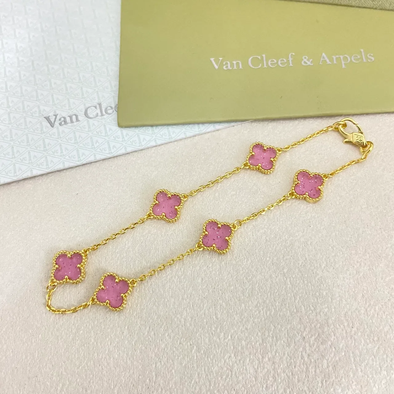 Van Cleef & Arpels Alhambra Pink Clover Charm Bracelet 4