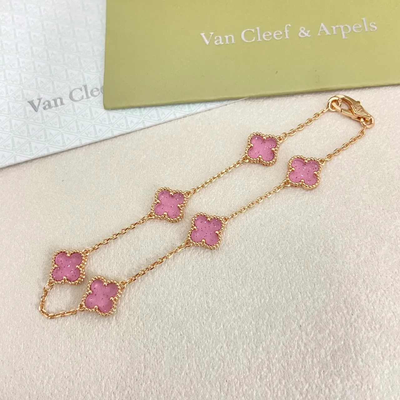 Van Cleef & Arpels Alhambra Pink Clover Charm Bracelet 5