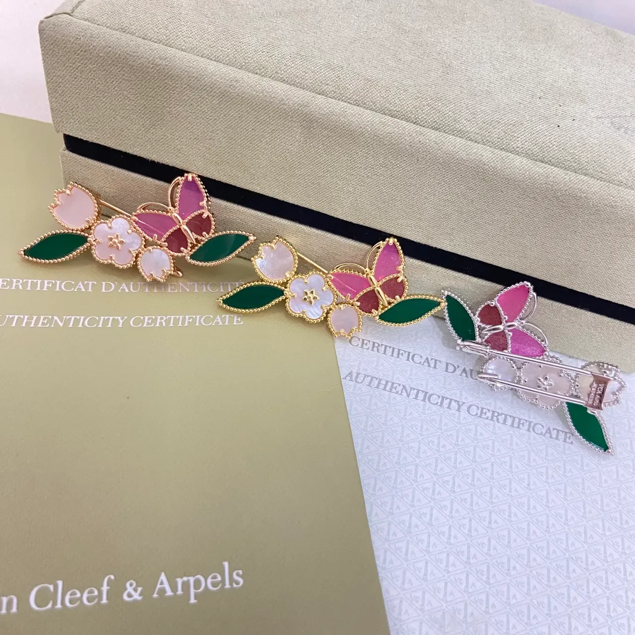 Van Cleef & Arpels Floral Butterfly Enamel and Mother-of-Pearl Brooches 2