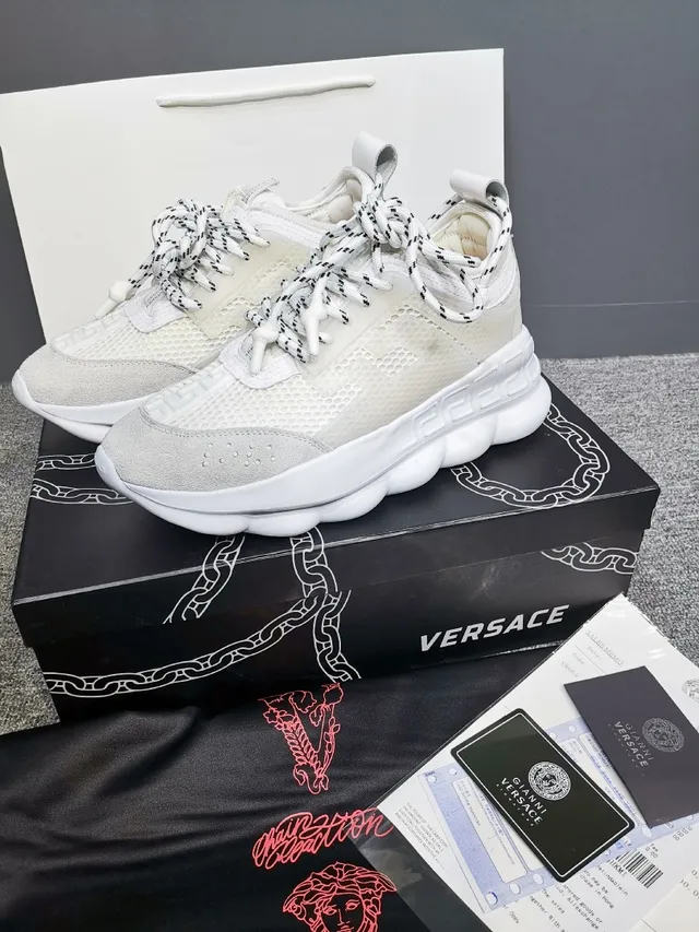 Versace Beige White Sole Mesh And Suede Upper Chunky Sneakers 2