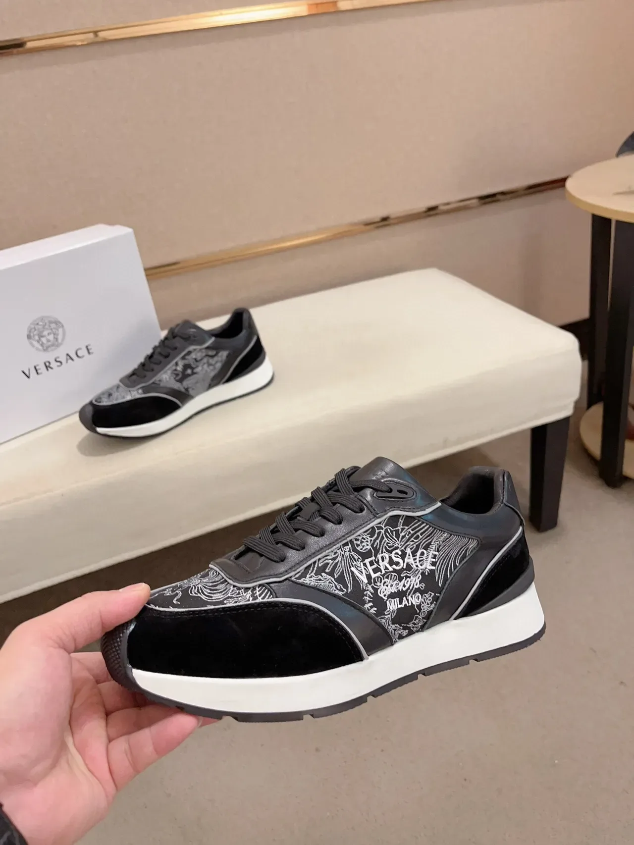 Versace Black White Embroidered Floral Motif Mixed Suede And Leather Upper Sneakers 3
