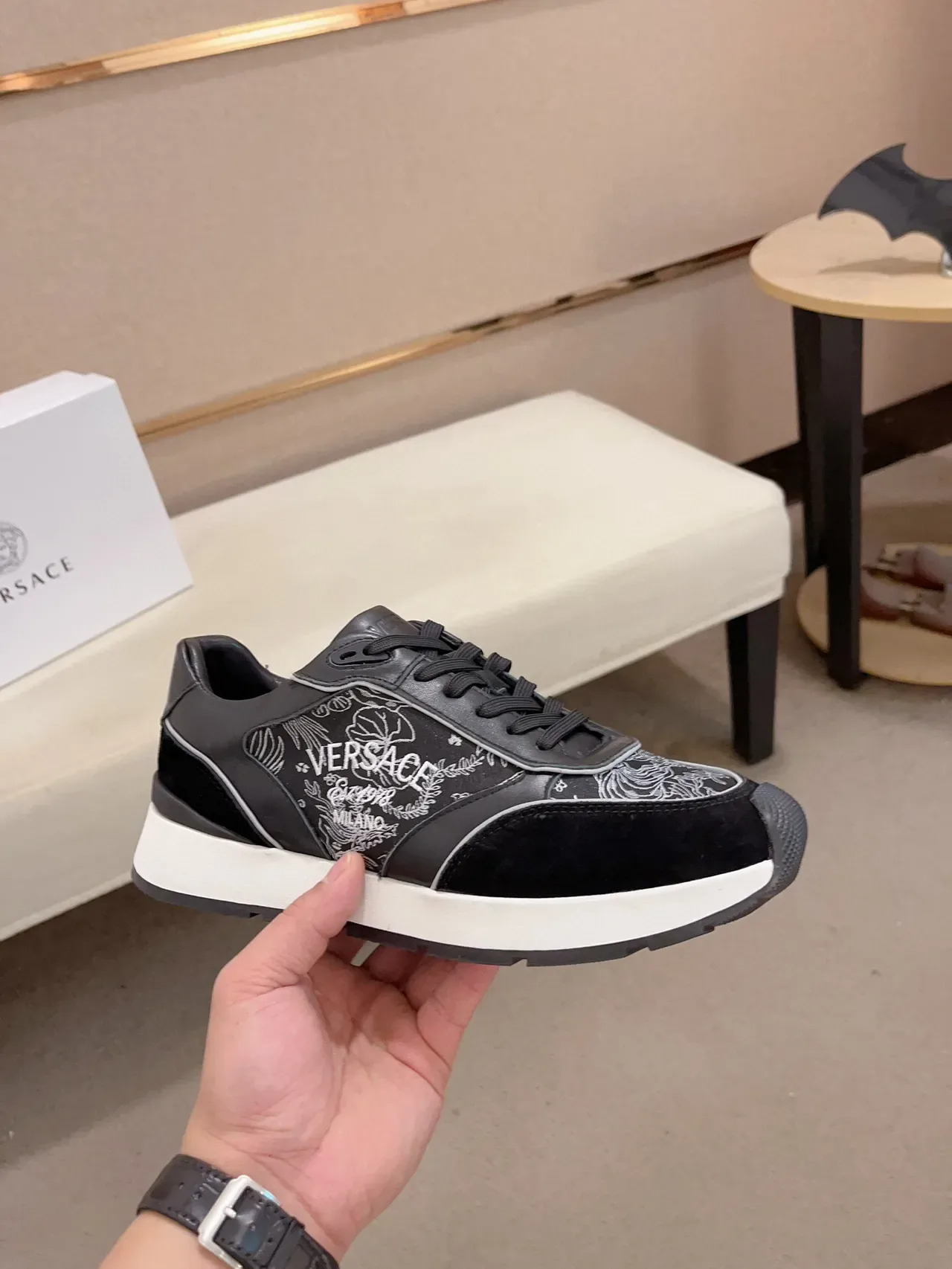 Versace Black White Embroidered Floral Motif Mixed Suede And Leather Upper Sneakers 4