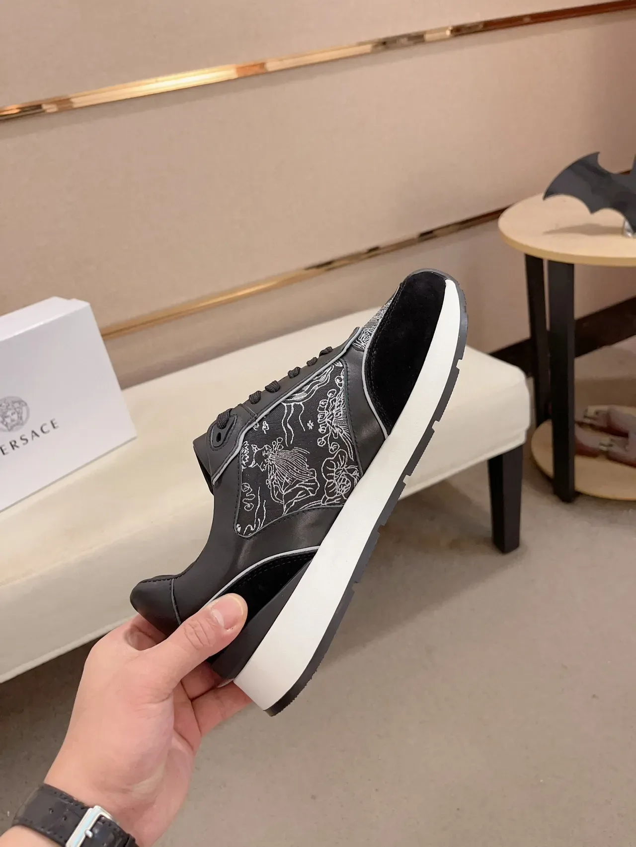 Versace Black White Embroidered Floral Motif Mixed Suede And Leather Upper Sneakers 5
