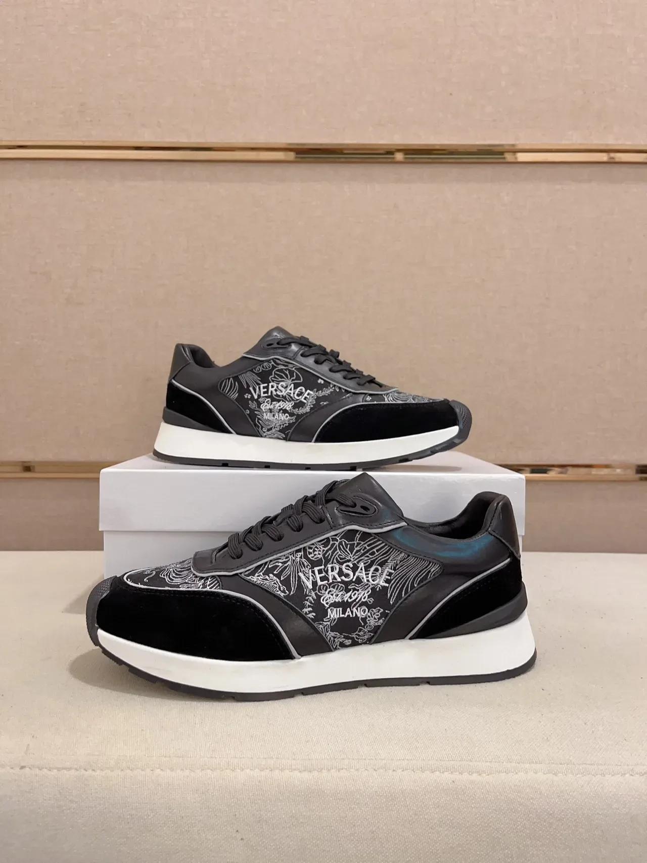 Versace Black White Embroidered Floral Motif Mixed Suede And Leather Upper Sneakers 7