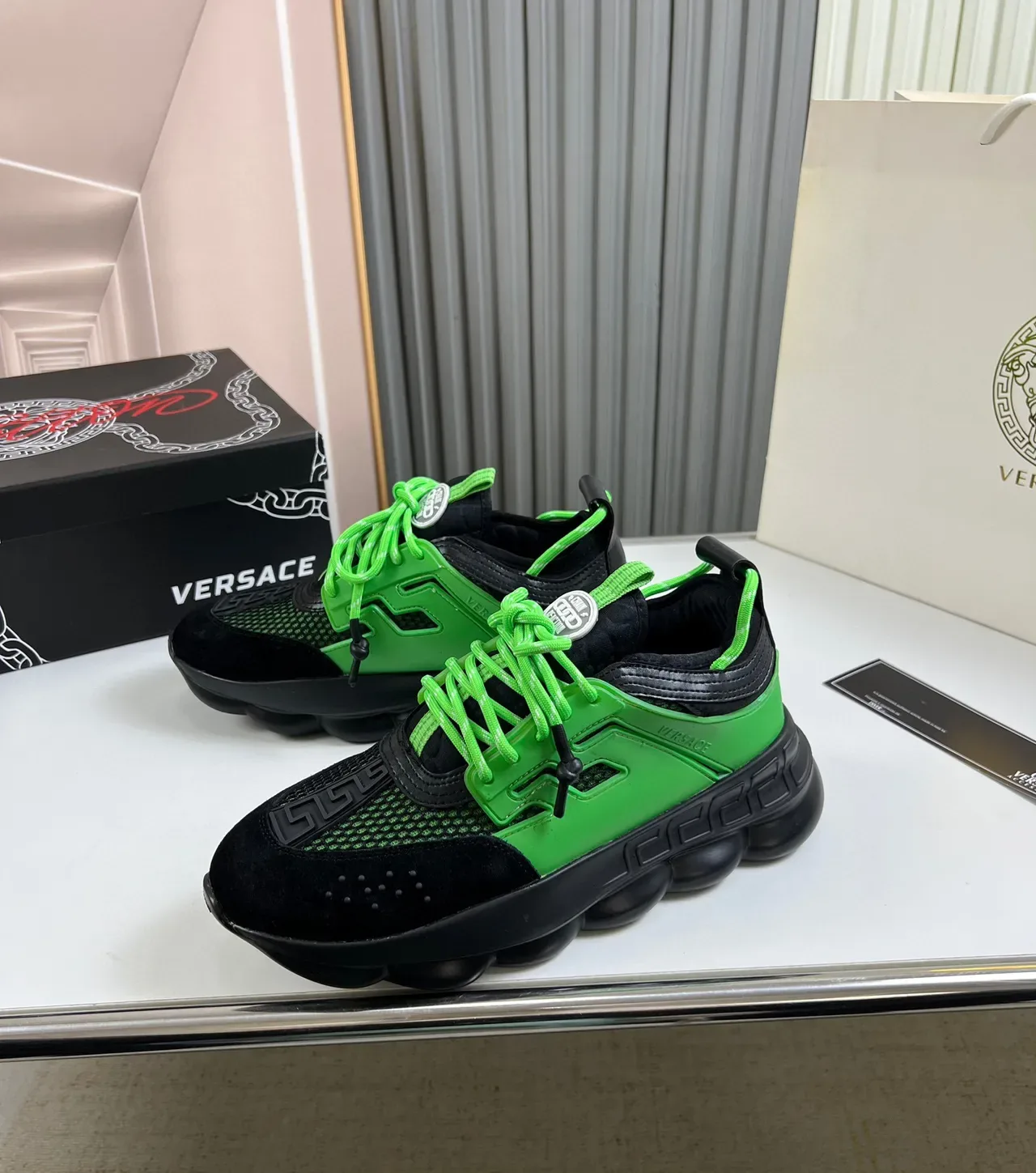 Versace Chain Reaction Green and Black Chunky Sneakers 8