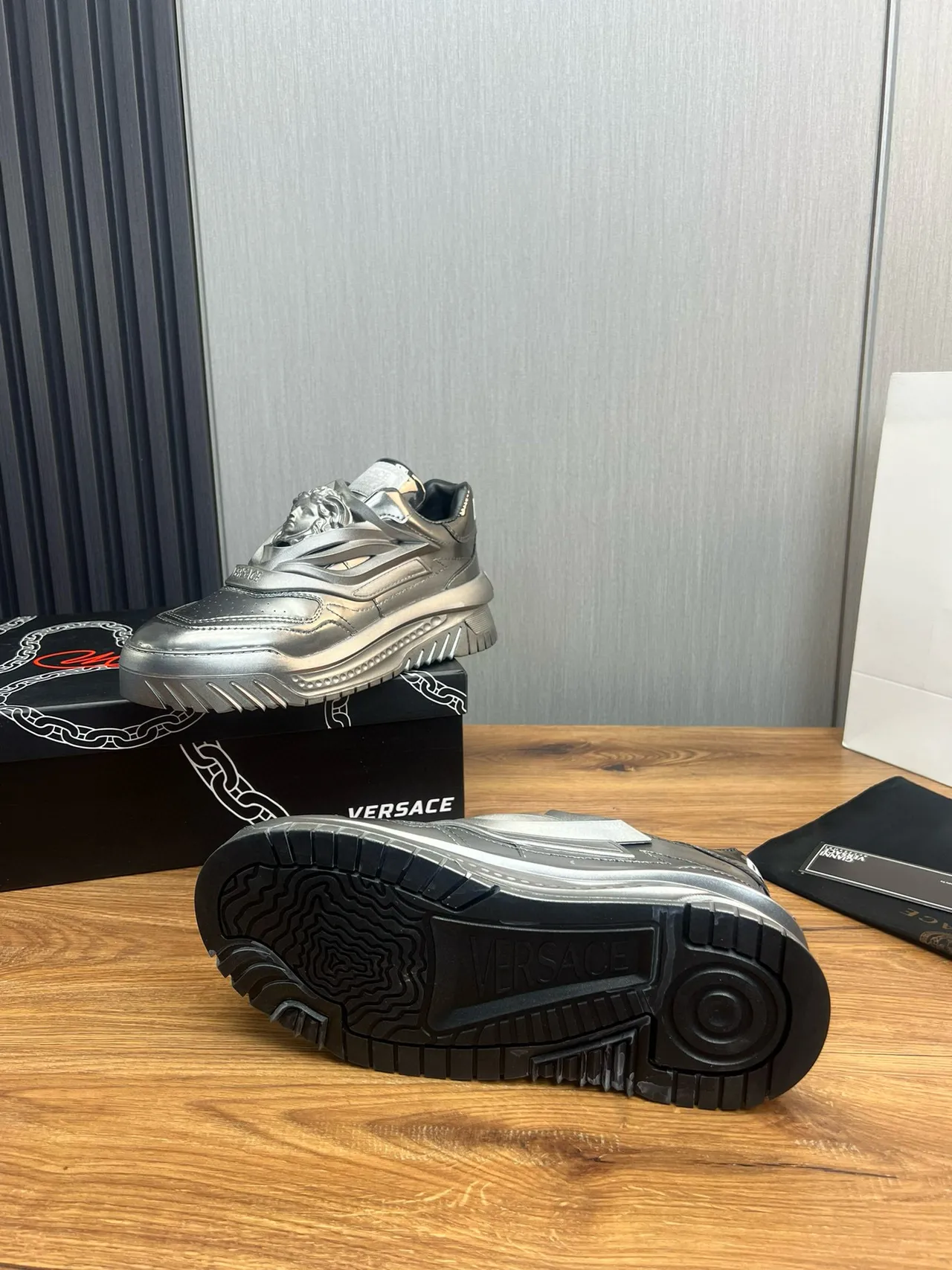 Versace Chain Reaction Metallic Silver Chunky Sneakers 9