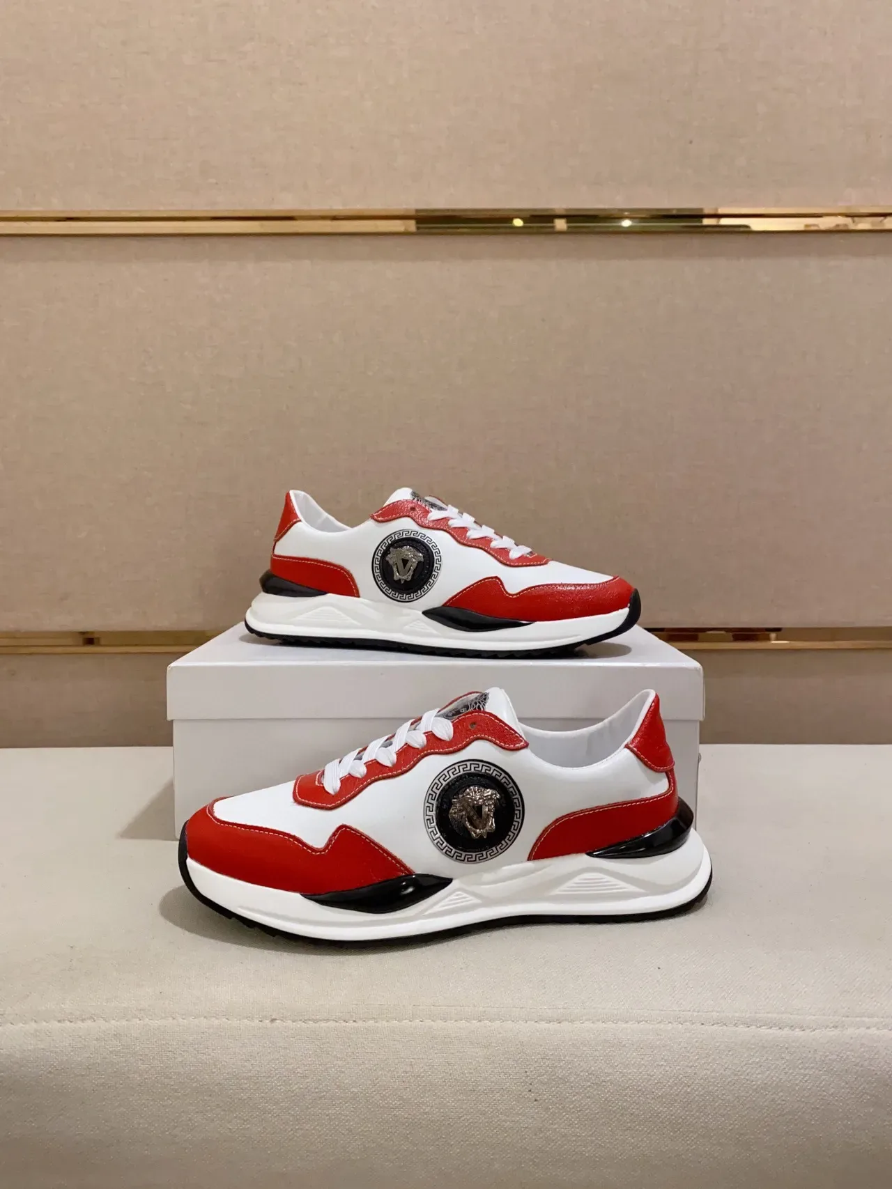 Versace Chain Reaction Red and White Leather Chunky Sneakers 4