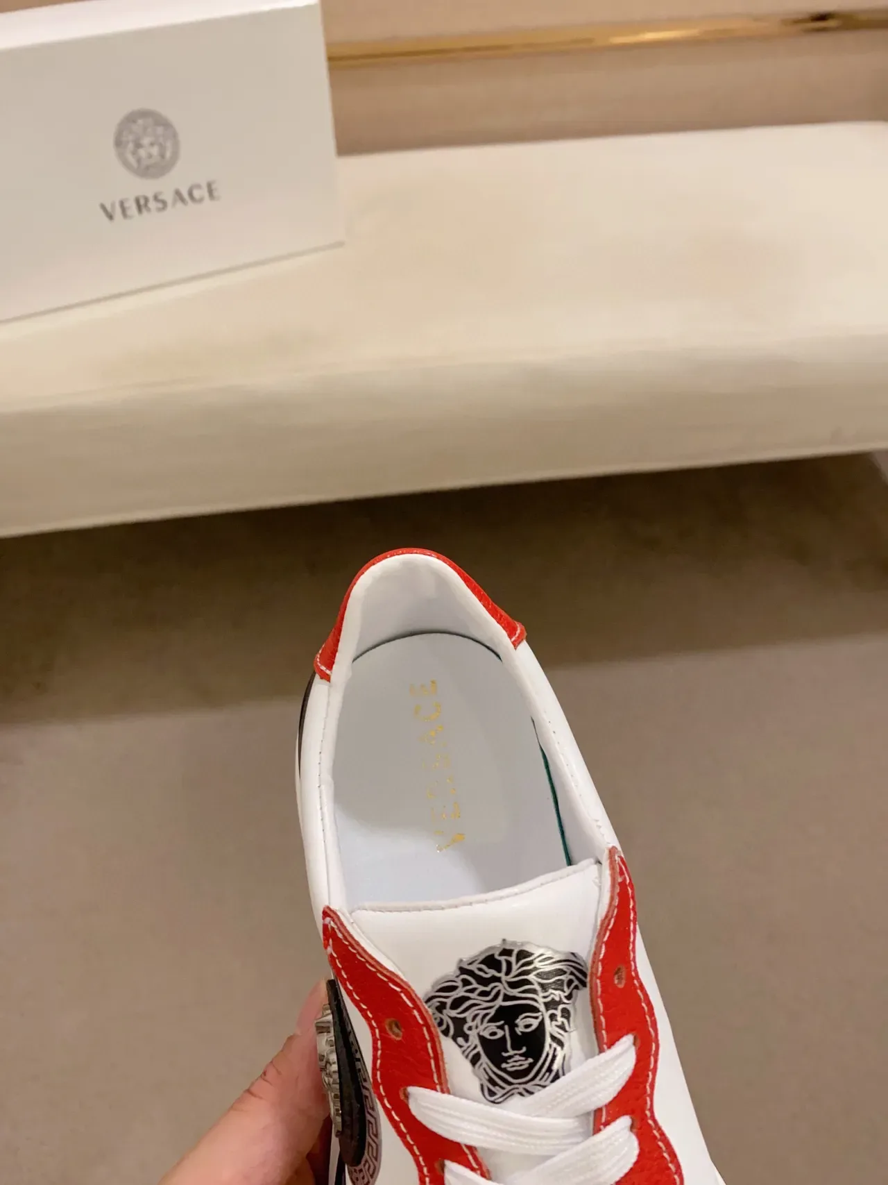 Versace Chain Reaction Red and White Leather Chunky Sneakers 5