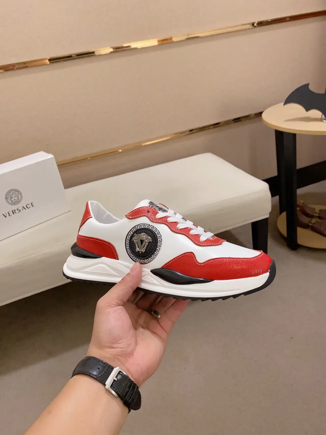 Versace Chain Reaction Red and White Leather Chunky Sneakers 7