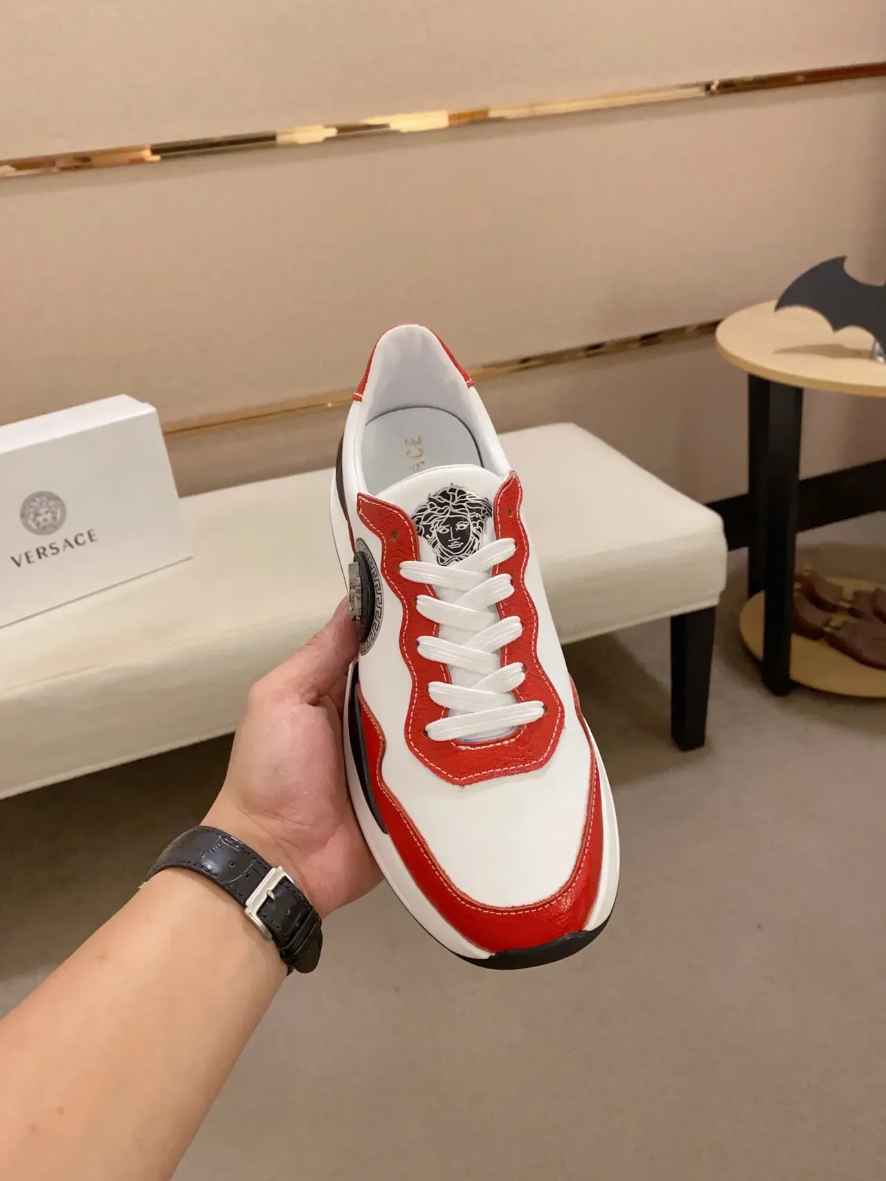 Versace Chain Reaction Red and White Leather Chunky Sneakers 9