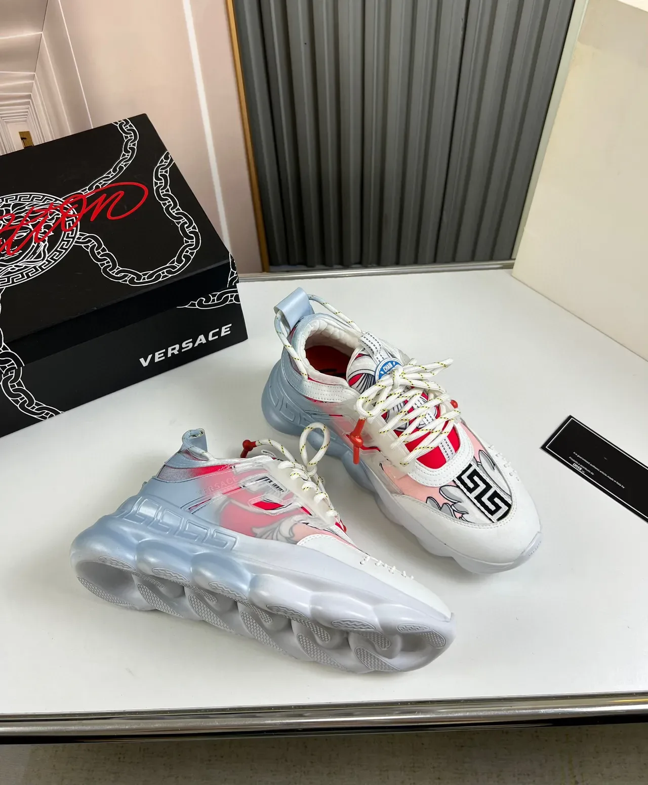 Versace Chain Reaction White Silver Red Chunky Sneakers 6