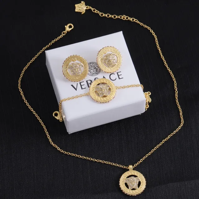 Versace Greca Medusa ذهبي شفاف معدن Pavé كريستال تزيين قلادة 7