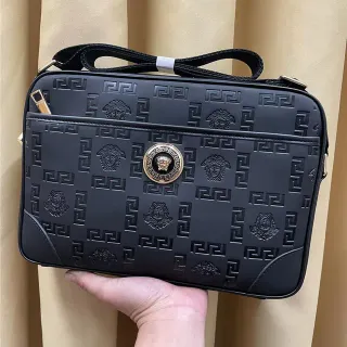 Versace Greca Odissea Black Embossed Messenger Bag