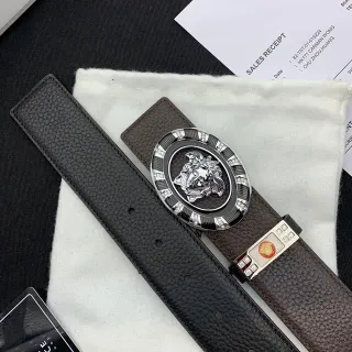 Versace Iconic Black Brown Pebbled Crystal-Embellished Oval Buckle Leather Belt