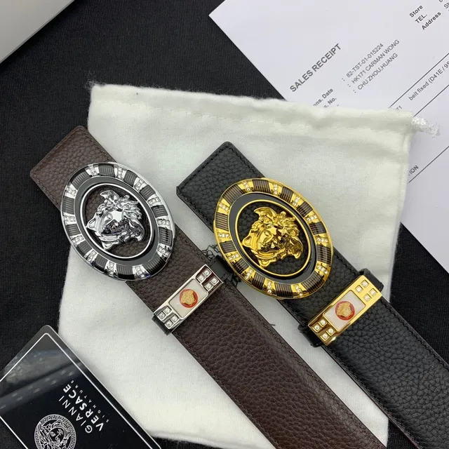 Versace Iconic Ceinture de cuir noire marron grainée ornée de cristaux boucle ovale 2
