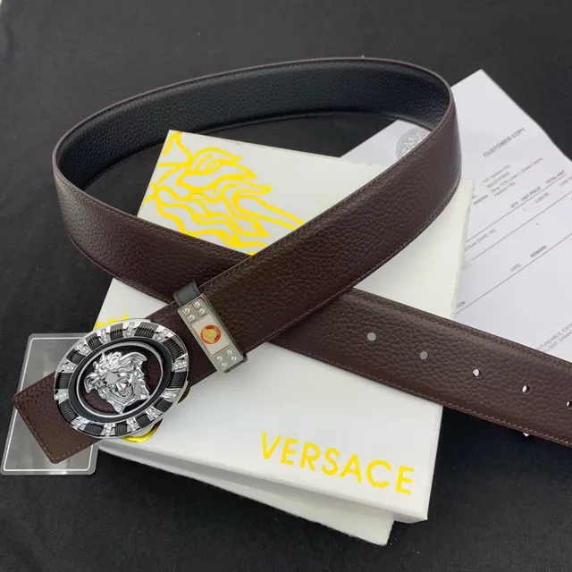 Versace Iconic Ceinture de cuir noire marron grainée ornée de cristaux boucle ovale 3
