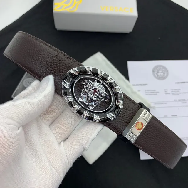 Versace Iconic Ceinture de cuir noire marron grainée ornée de cristaux boucle ovale 4