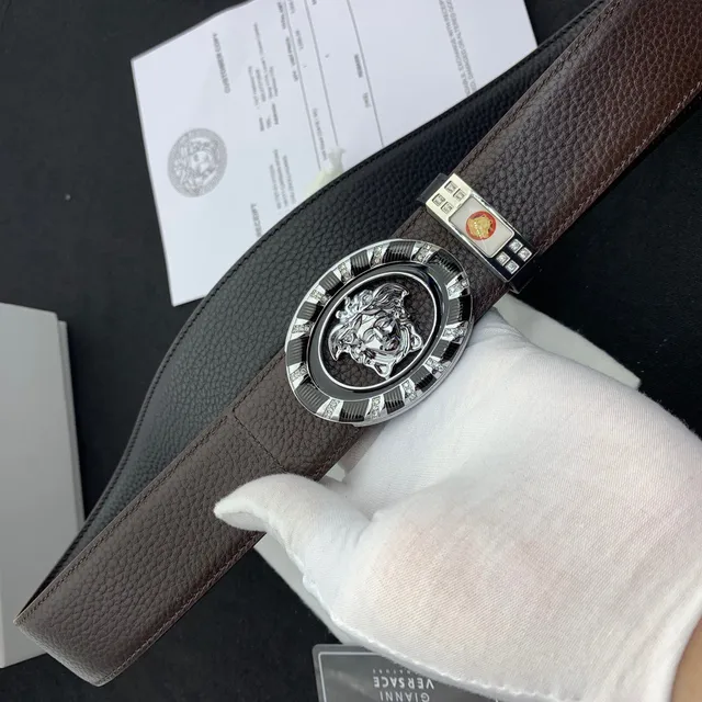 Versace Iconic Ceinture de cuir noire marron grainée ornée de cristaux boucle ovale 5