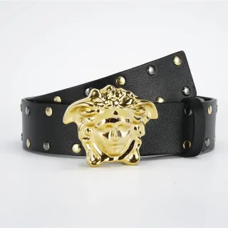 Versace Medusa Belt काला सोने का सिर बक़ल स्टड्डेड स्ट्रैप चमड़े की बेल्ट