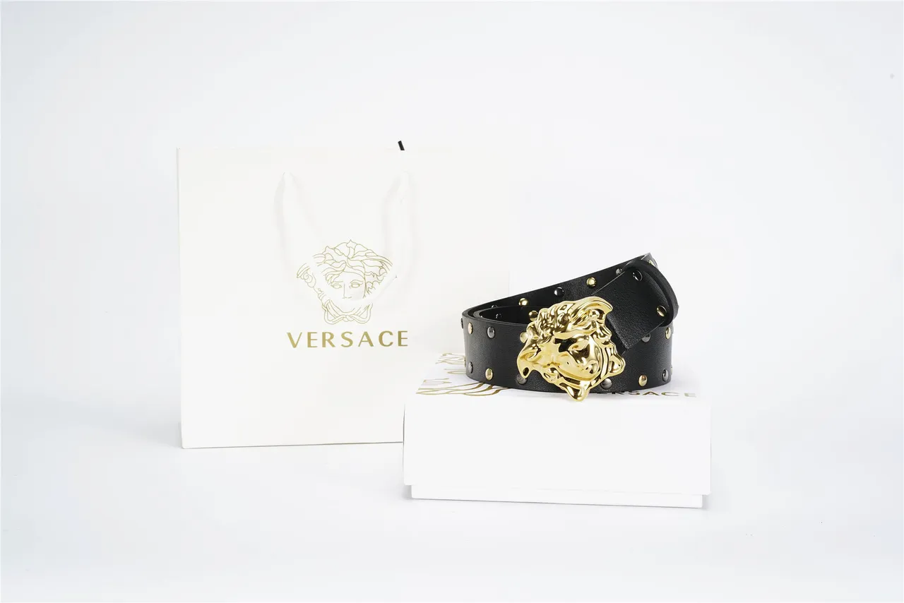 Versace Medusa Cinturón Negro Dorado Hebilla Cabeza Tachonada Correa Cuero 4