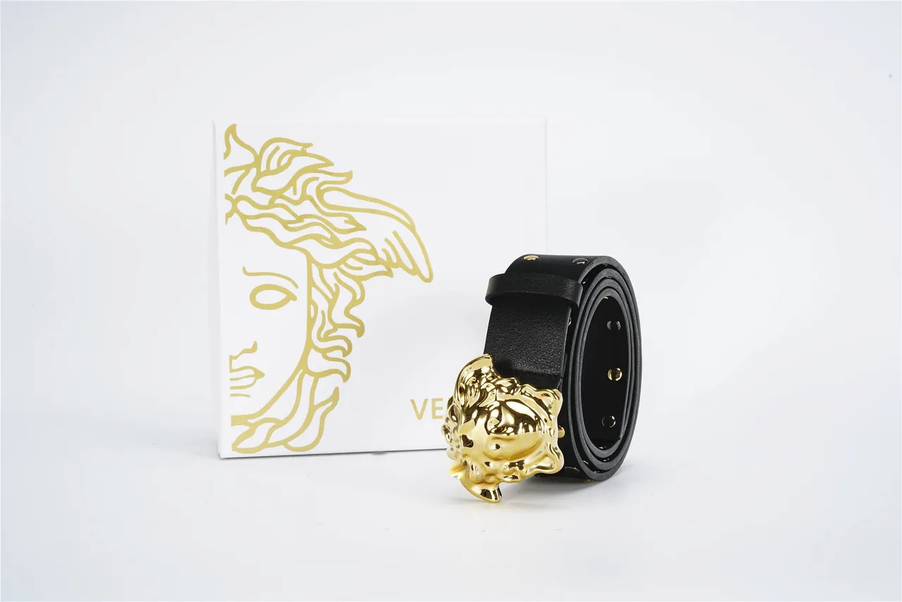 Versace Medusa Cinturón Negro Dorado Hebilla Cabeza Tachonada Correa Cuero 5