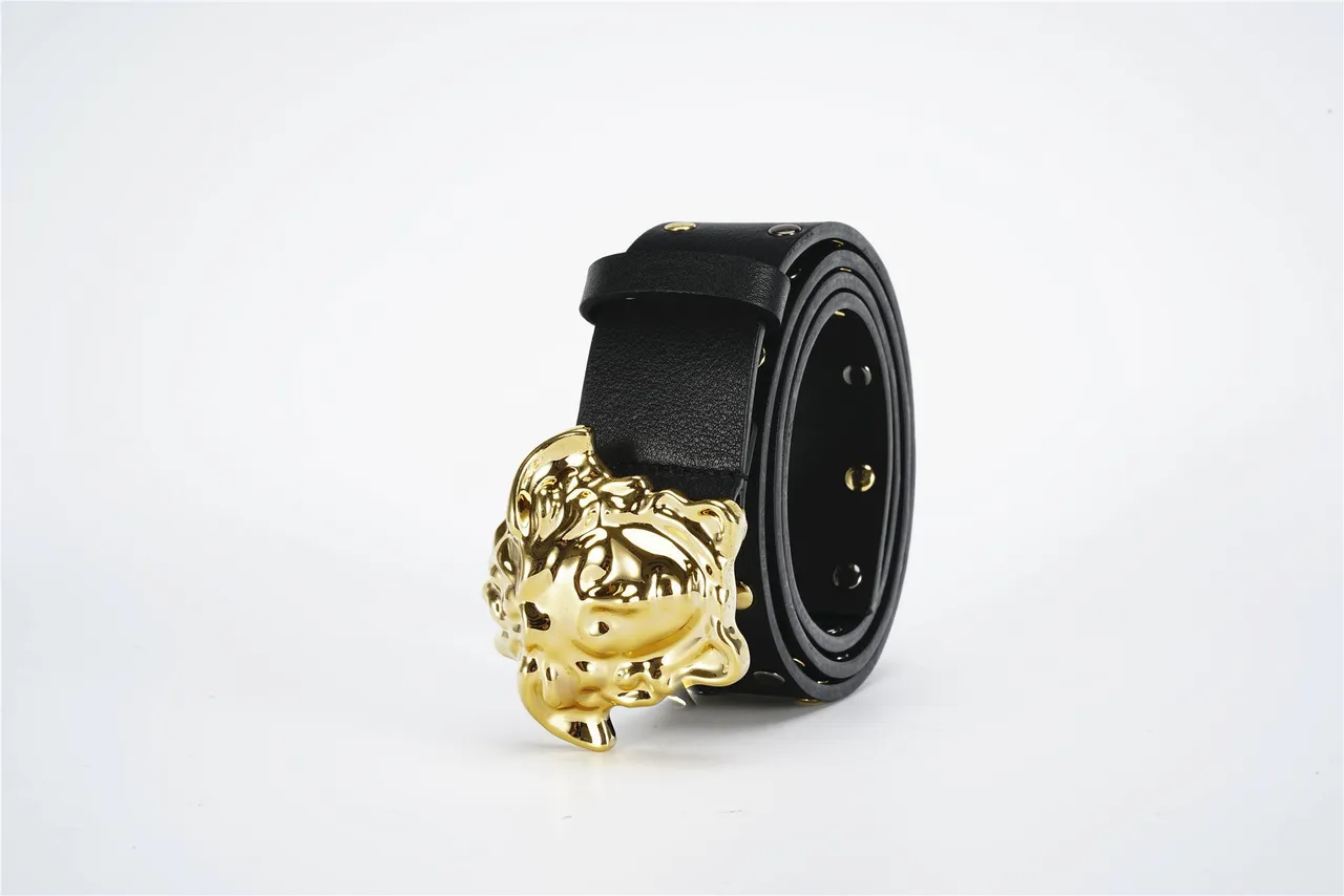 Versace Medusa Cinturón Negro Dorado Hebilla Cabeza Tachonada Correa Cuero 6