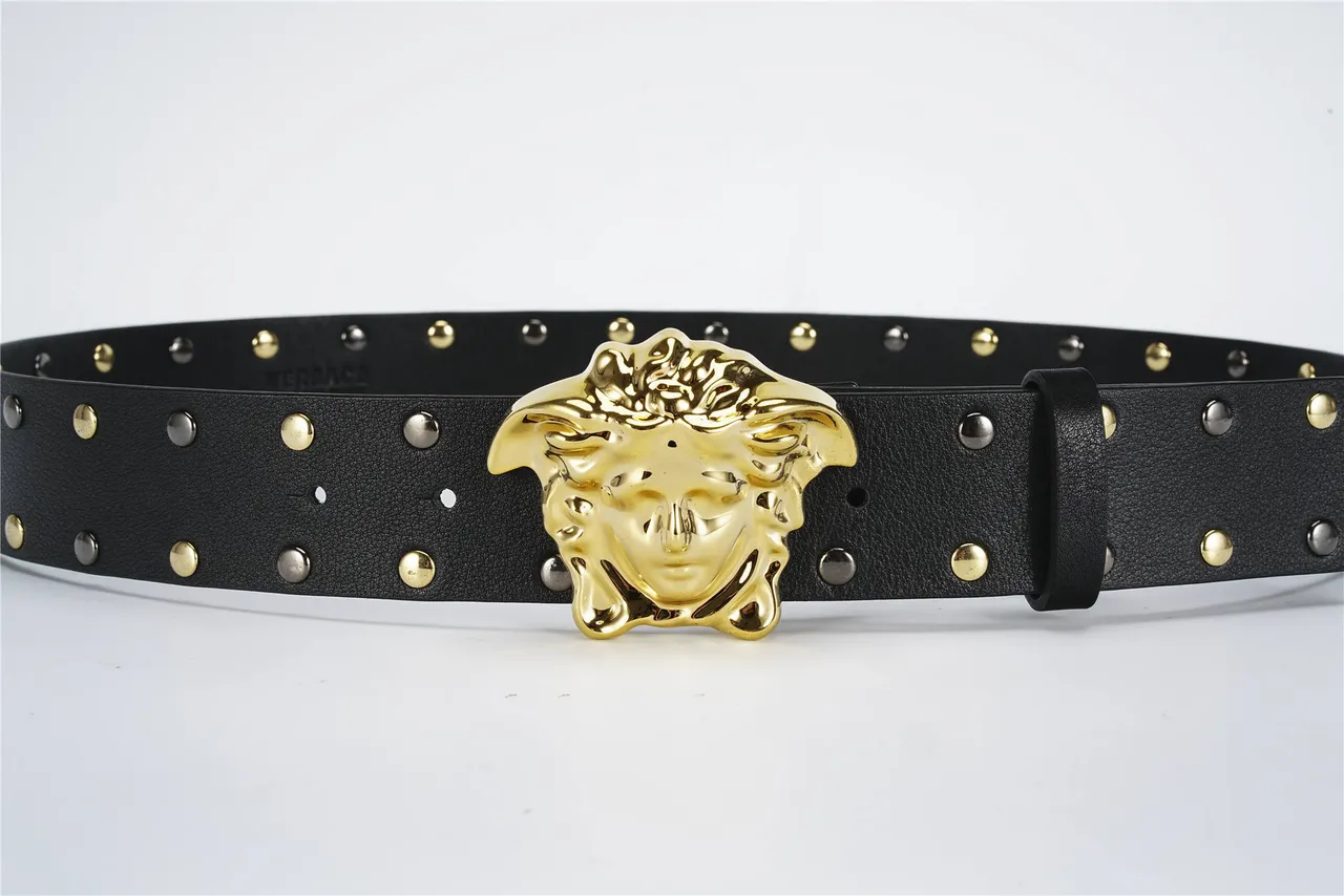 Versace Medusa Cinturón Negro Dorado Hebilla Cabeza Tachonada Correa Cuero 8