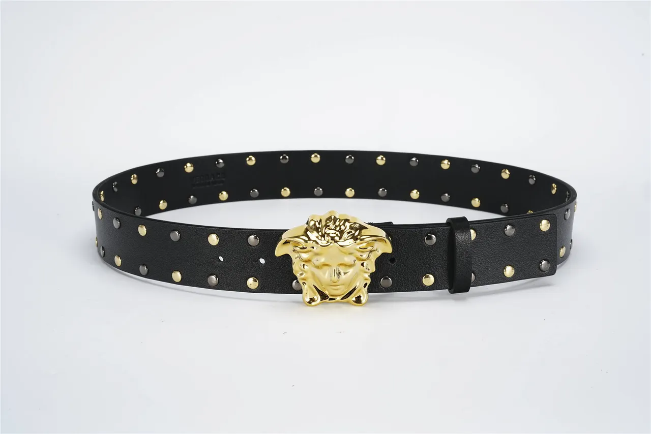 Versace Medusa Cinturón Negro Dorado Hebilla Cabeza Tachonada Correa Cuero 9