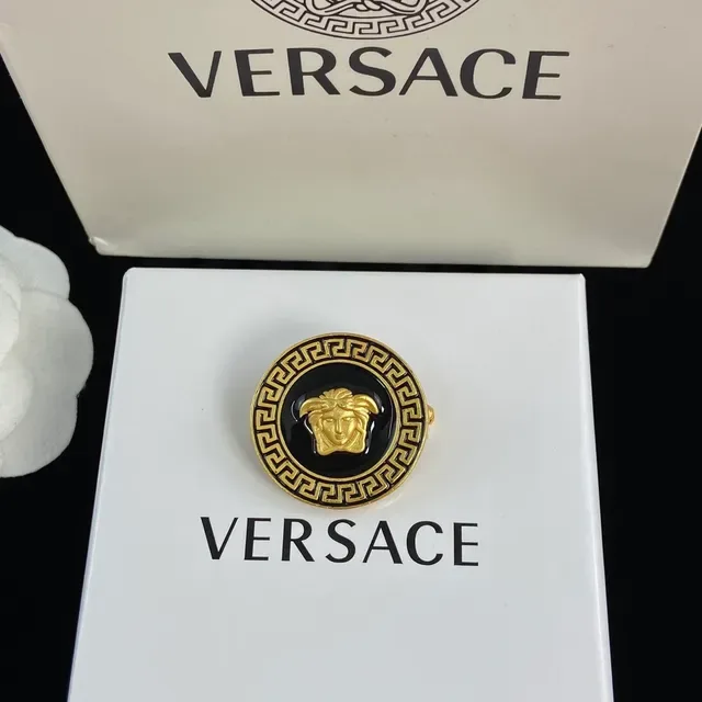 Versace Medusa Broche Blanc et Noir Émail Doré Rond 5