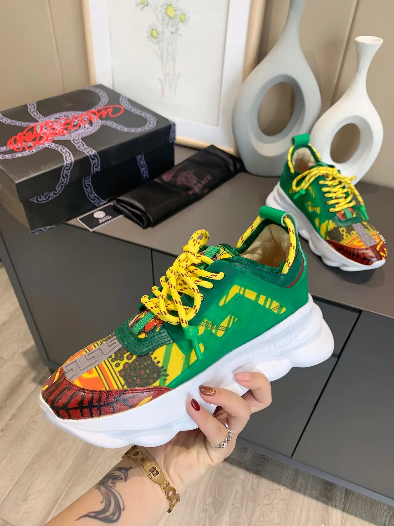 Versace Multicolor Green Printed Upper Overlay Accents Chunky Sneakers 7