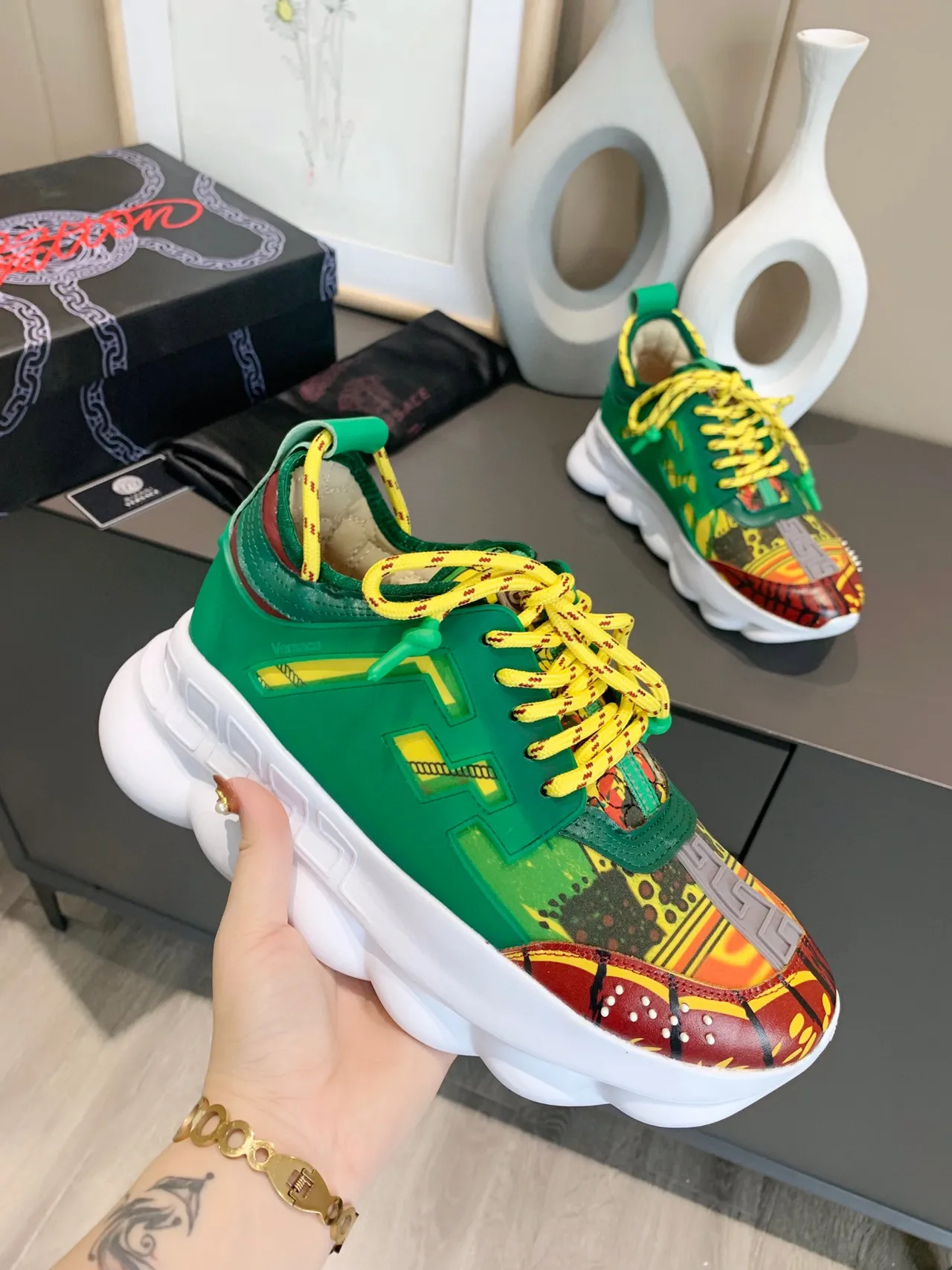 Versace Multicolor Green Printed Upper Overlay Accents Chunky Sneakers 8