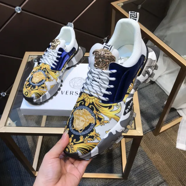 Versace White Blue Baroque-Print Upper Patent Navy Panel Lifestyle Sneakers 2