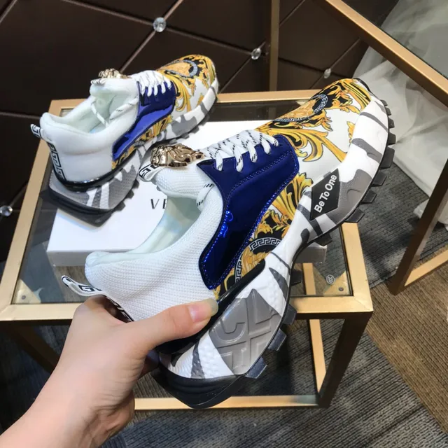 Versace White Blue Baroque-Print Upper Patent Navy Panel Lifestyle Sneakers 4