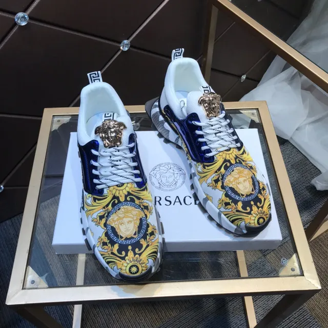 Versace White Blue Baroque-Print Upper Patent Navy Panel Lifestyle Sneakers 6