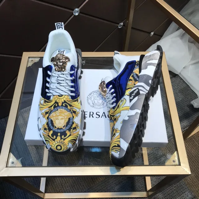 Versace White Blue Baroque-Print Upper Patent Navy Panel Lifestyle Sneakers 7