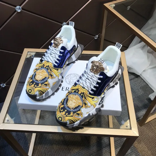 Versace White Blue Baroque-Print Upper Patent Navy Panel Lifestyle Sneakers 8