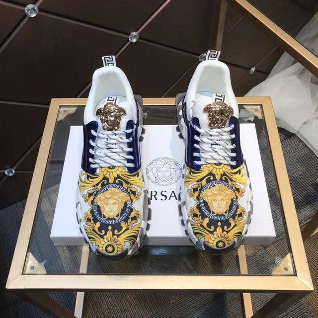 Versace White Blue Baroque-Print Upper Patent Navy Panel Lifestyle Sneakers 9