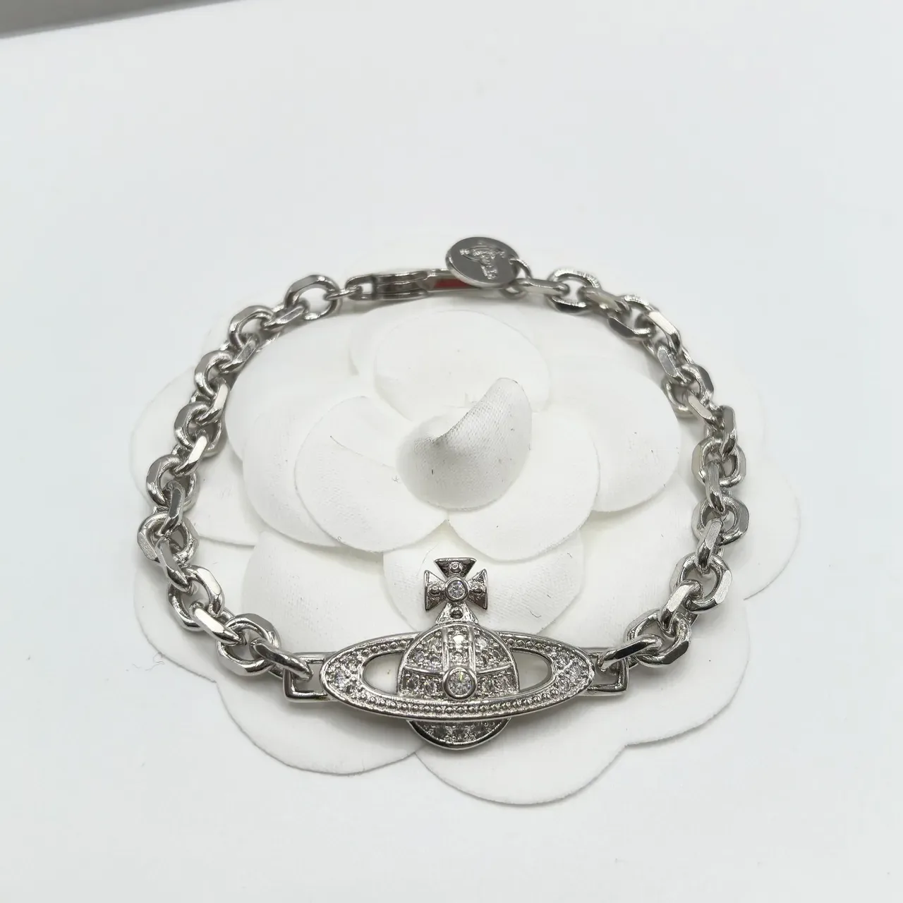Vivienne Westwood Classic Orb Pavé Crystal Silver Chain Bracelet 7