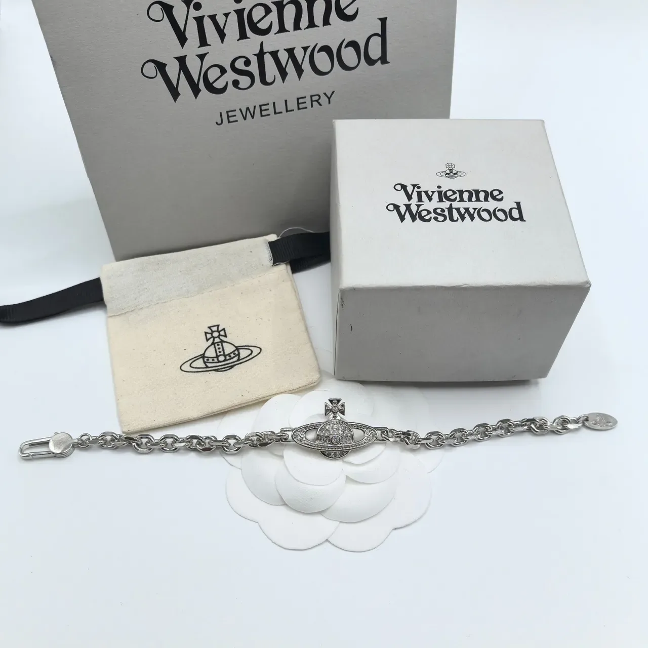 Vivienne Westwood Classic Orb Pavé Crystal Silver Chain Bracelet 9
