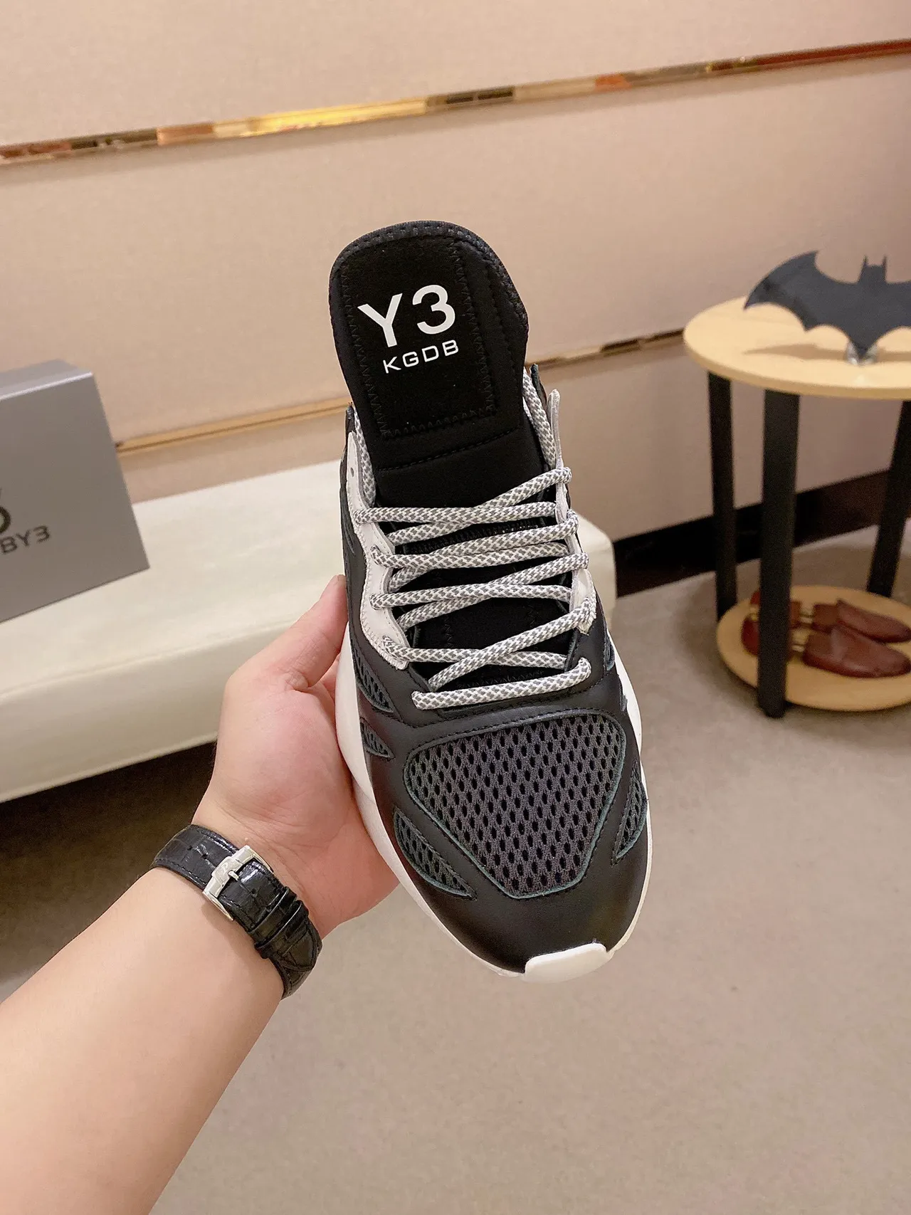 Y-3 Black White Sculpted Midsole Mesh-Leather Hybrid Upper Chunky Sneakers 7