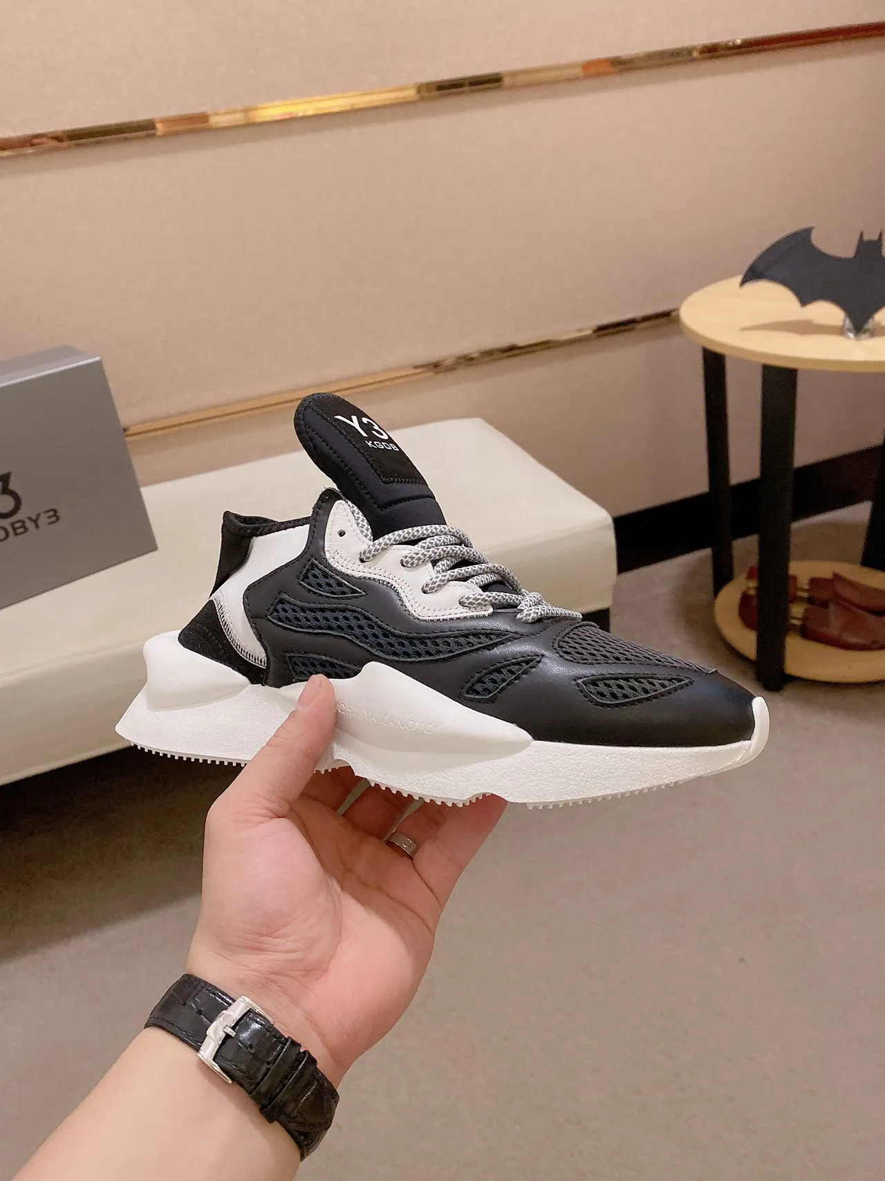 Y-3 Black White Sculpted Midsole Mesh-Leather Hybrid Upper Chunky Sneakers 8