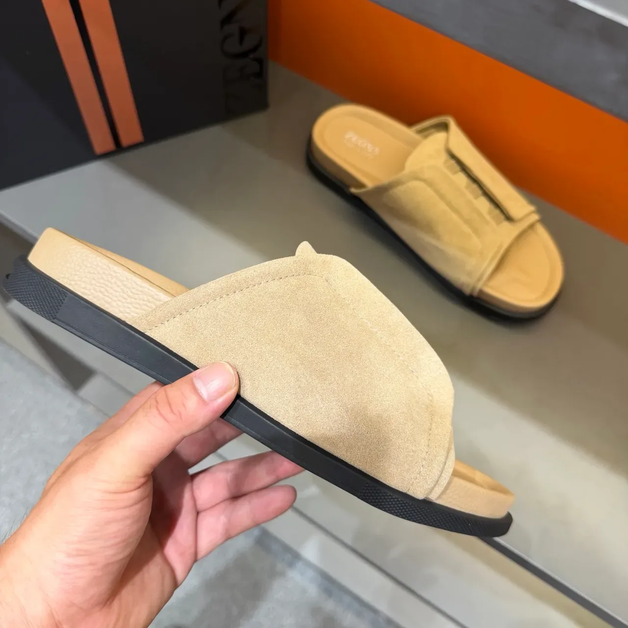 Zegna Beige Suede Upper Elastic Crisscross Strap Slippers 3