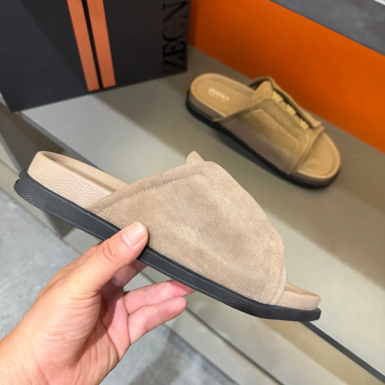 Zegna Beige Suede Upper Elastic Crisscross Strap Slippers 5