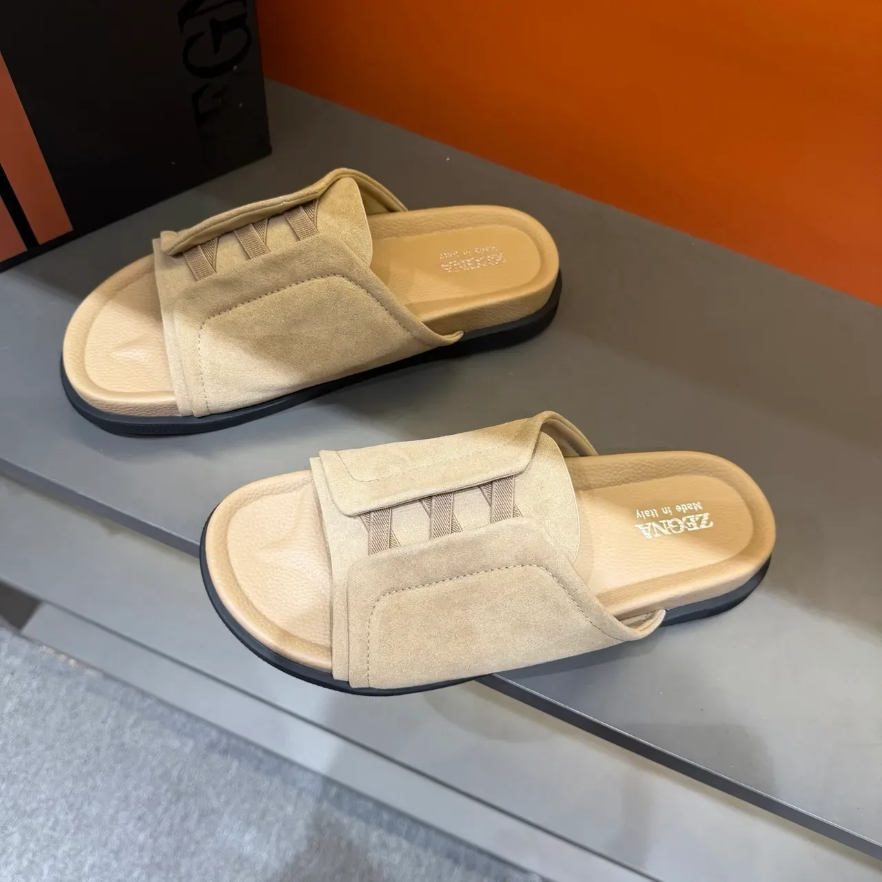 Zegna Beige Suede Upper Elastic Crisscross Strap Slippers 13